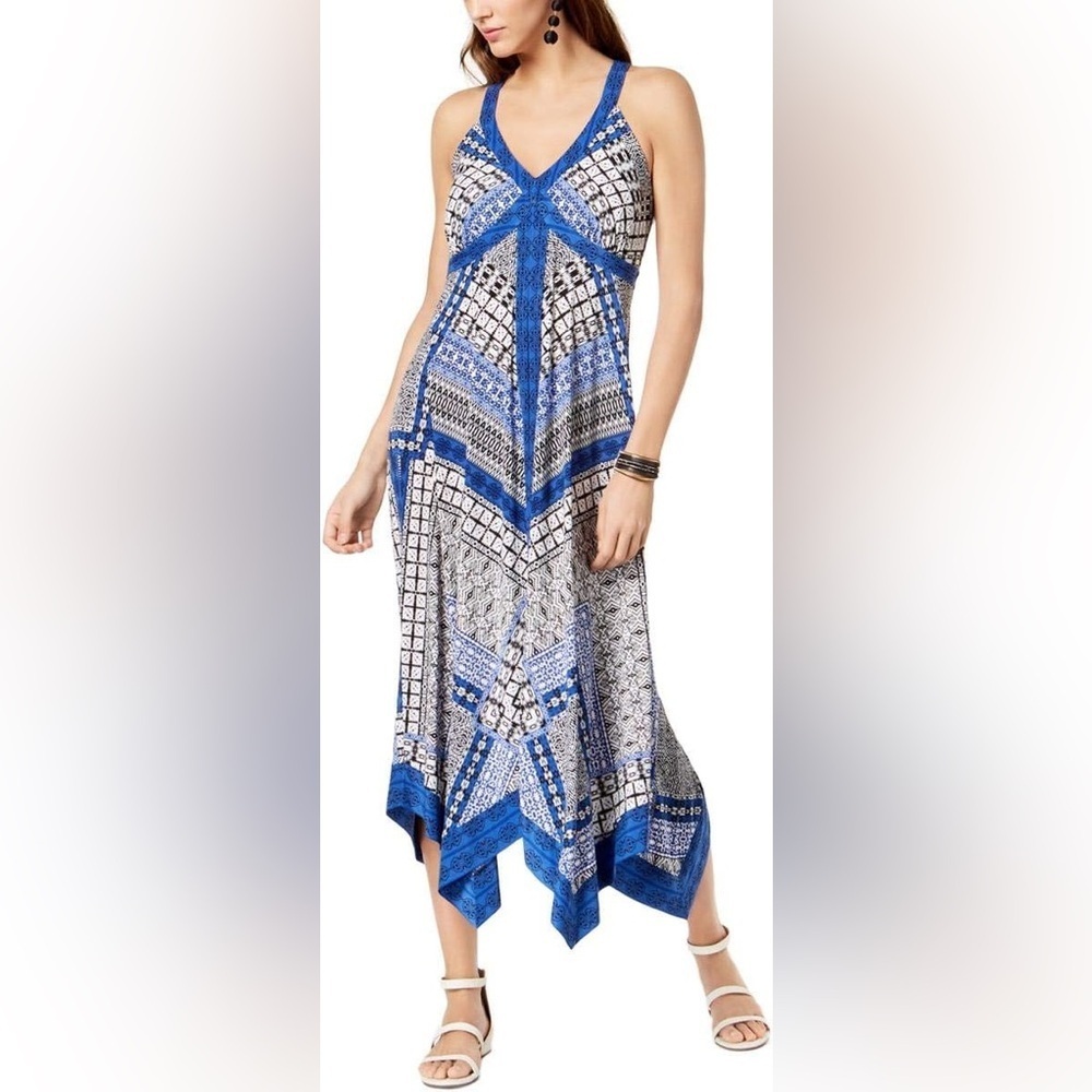 INC International Concept Blue/White/Black Print Handkerchief Stretch Dress p/s